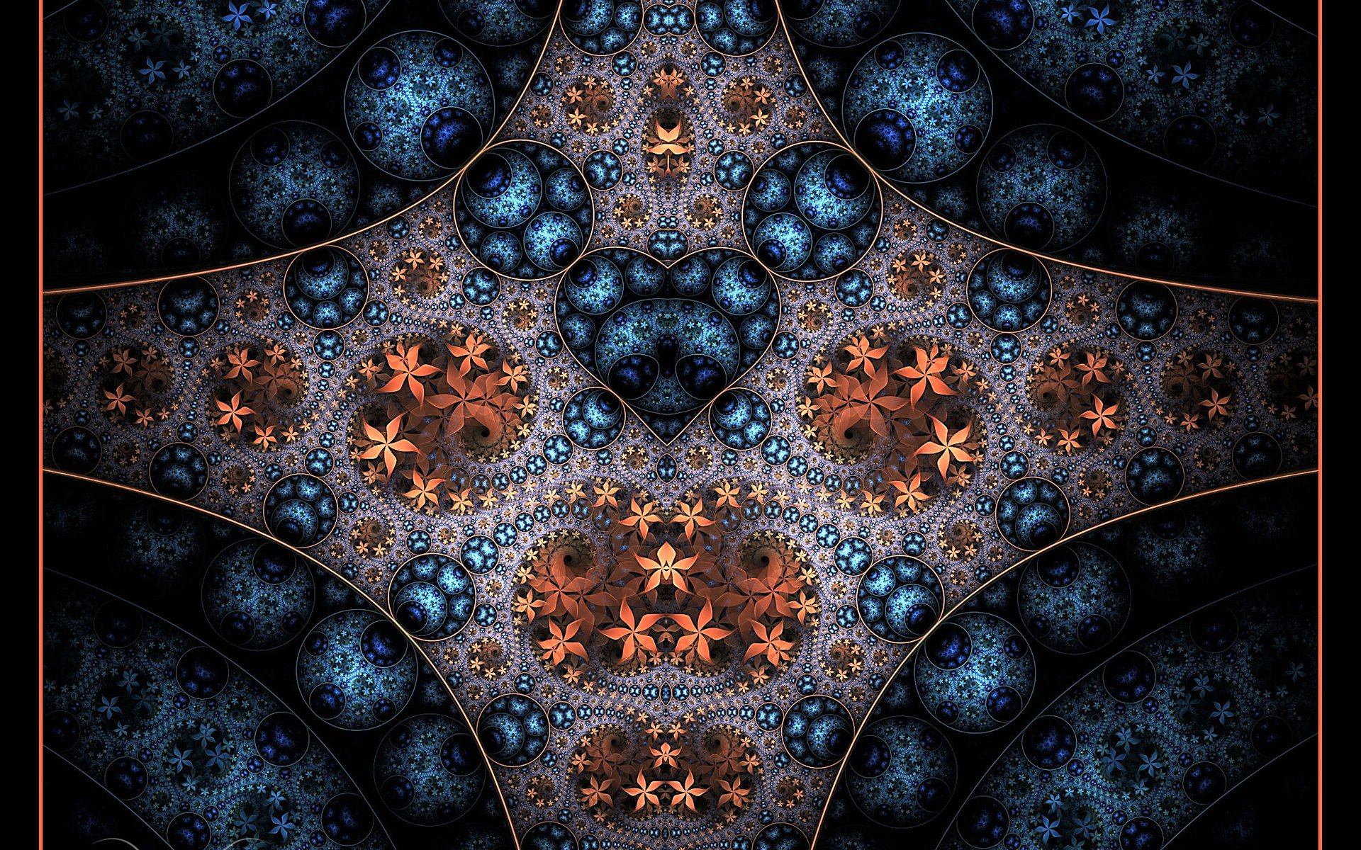 HD abstract fractal design featuring intricate, symmetrical patterns in blue and copper tones, creating a visually captivating desktop wallpaper and background.