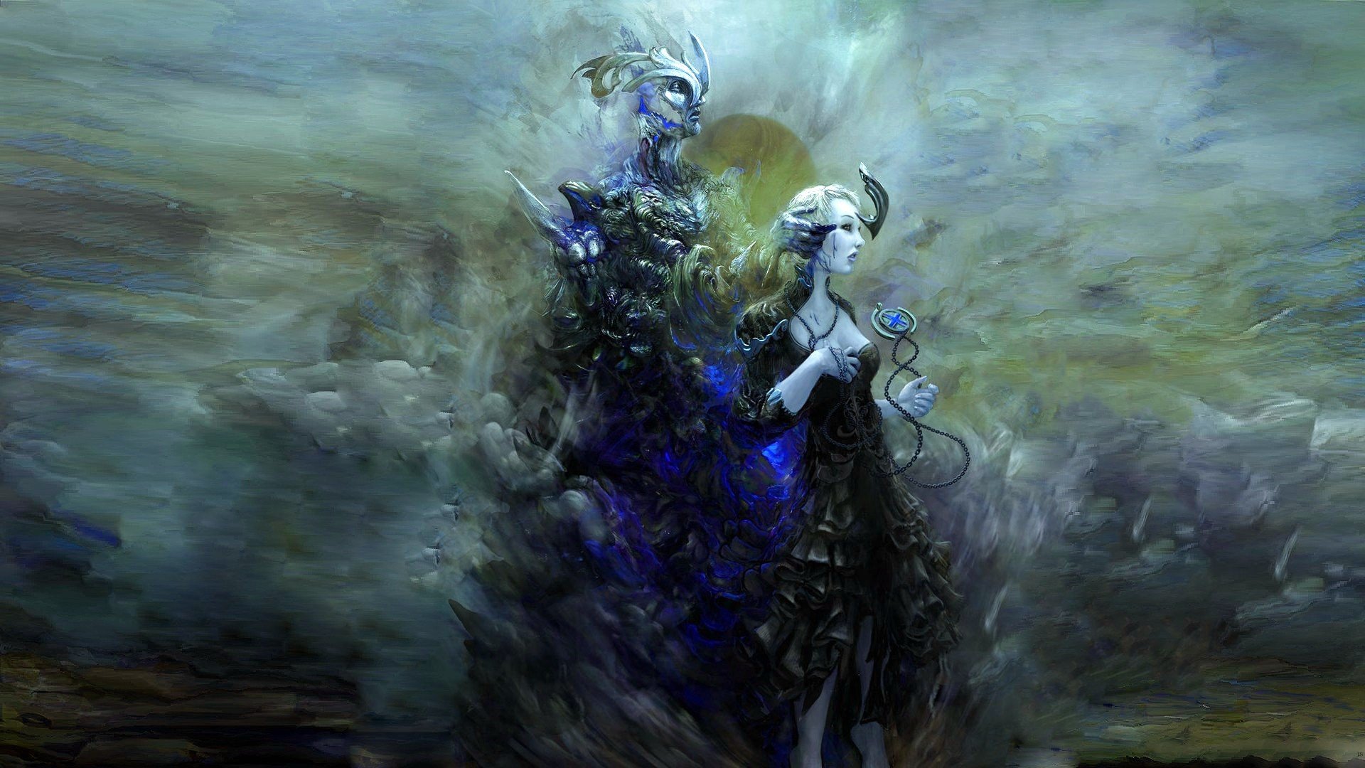 A dark, ethereal fantasy artwork depicting two mysterious, ghostly figures shrouded in swirling mist, designed as an HD PC desktop wallpaper and background.