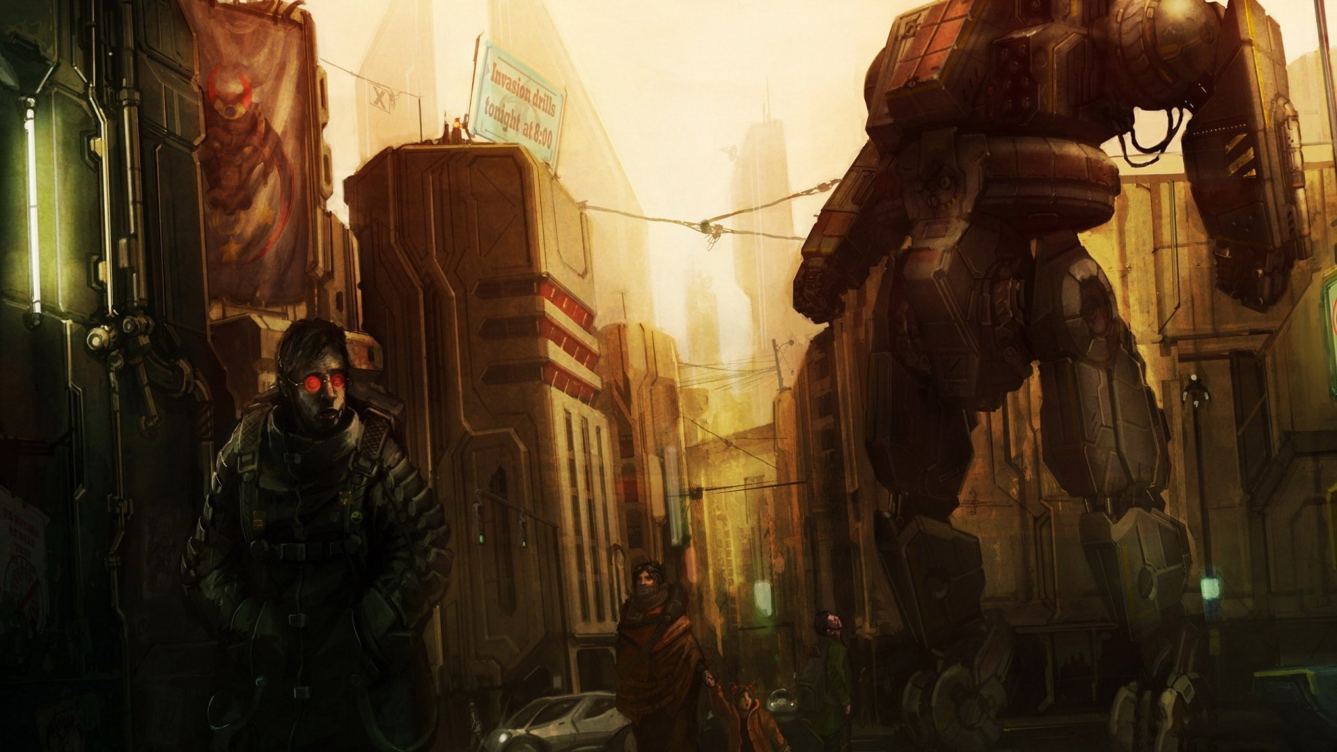 HD PC desktop wallpaper depicting a dystopian city scene from BattleTech: The Board Game, featuring a heavily armored figure and a towering battle mech.