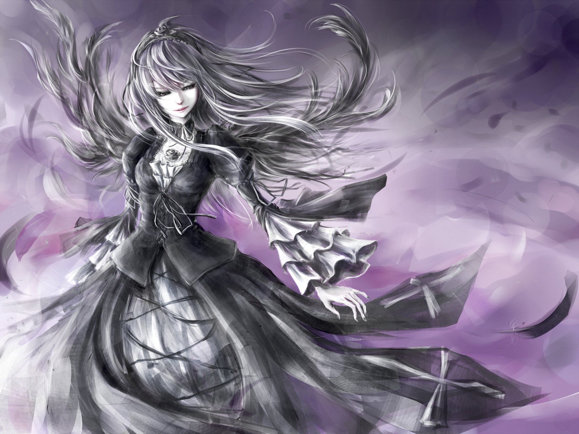 A stunning HD wallpaper featuring a character from the anime Rozen Maiden, elegantly posed with flowing hair and a dramatic, swirling background in shades of purple and black.
