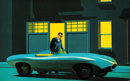 HD PC desktop wallpaper: stylized turquoise Jaguar E-Type at night, a suited man leaning on the car outside a building with glowing yellow windows.