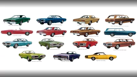 HD PC desktop wallpaper showing illustrated Dodge vehicles: a grid of colorful vintage cars and wagons on a white background.