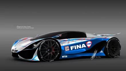 3D render of a BMW MT-58 concept supercar with FINA racing livery, showcased as a high-definition PC desktop wallpaper and background.