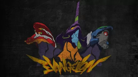 HD PC desktop wallpaper featuring stylized depictions of Evangelion Unit-00, Unit-01, and Unit-02 from the anime Neon Genesis Evangelion against a dark background.