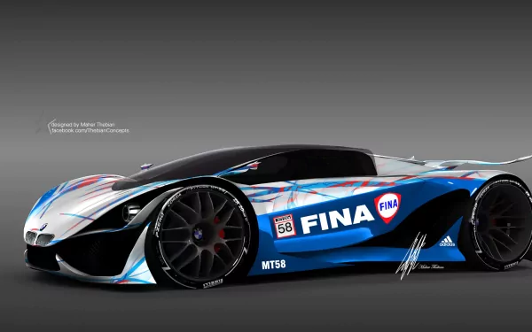 3D render of a BMW MT-58 concept supercar with FINA racing livery, showcased as a high-definition PC desktop wallpaper and background.