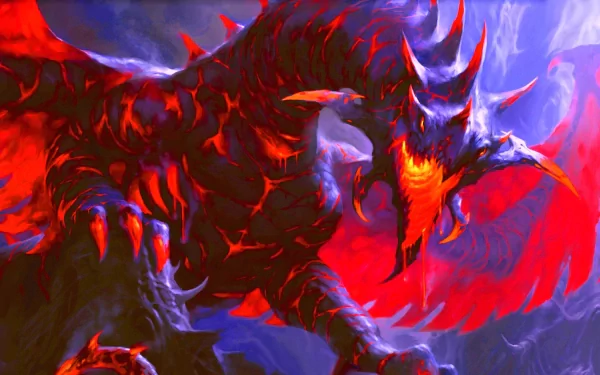 HD PC desktop wallpaper featuring a fiery, menacing dragon from Magic: The Gathering in intense red and purple tones.