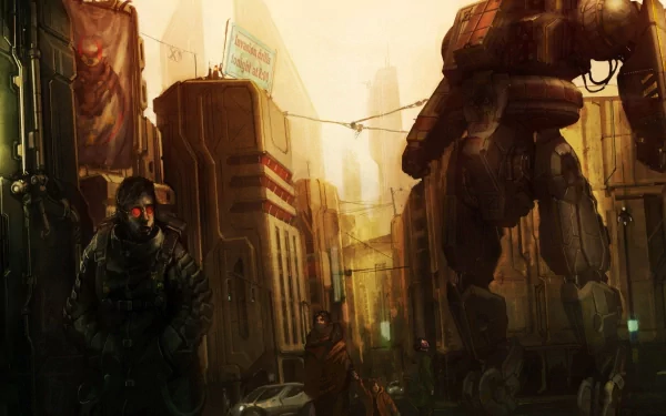 HD PC desktop wallpaper depicting a dystopian city scene from BattleTech: The Board Game, featuring a heavily armored figure and a towering battle mech.