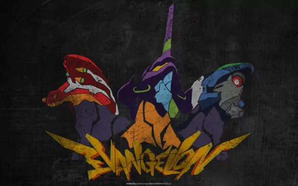 HD PC desktop wallpaper featuring stylized depictions of Evangelion Unit-00, Unit-01, and Unit-02 from the anime Neon Genesis Evangelion against a dark background.