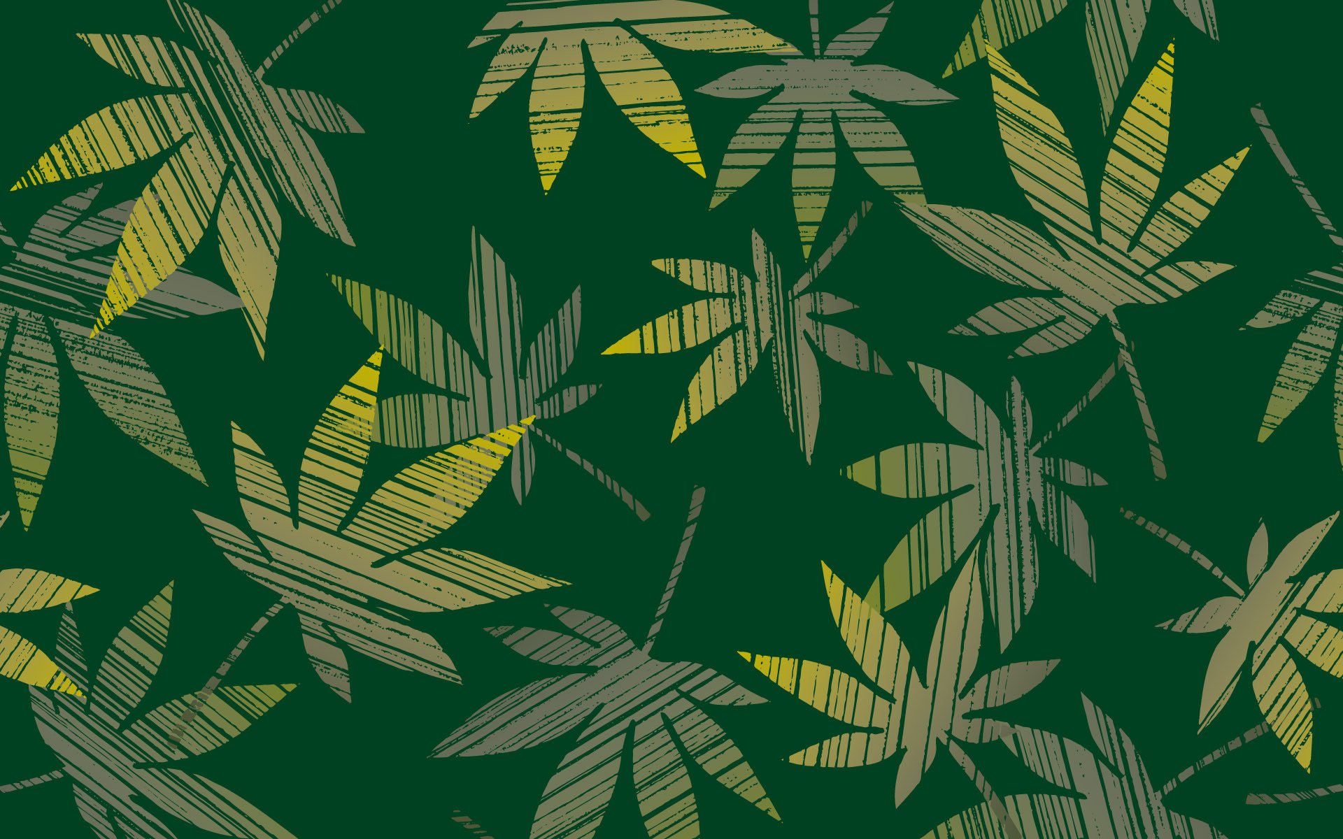 Abstract artistic HD PC desktop wallpaper showing stylized leaf silhouettes with parallel stripe textures in yellow-green hues scattered across a deep emerald background.