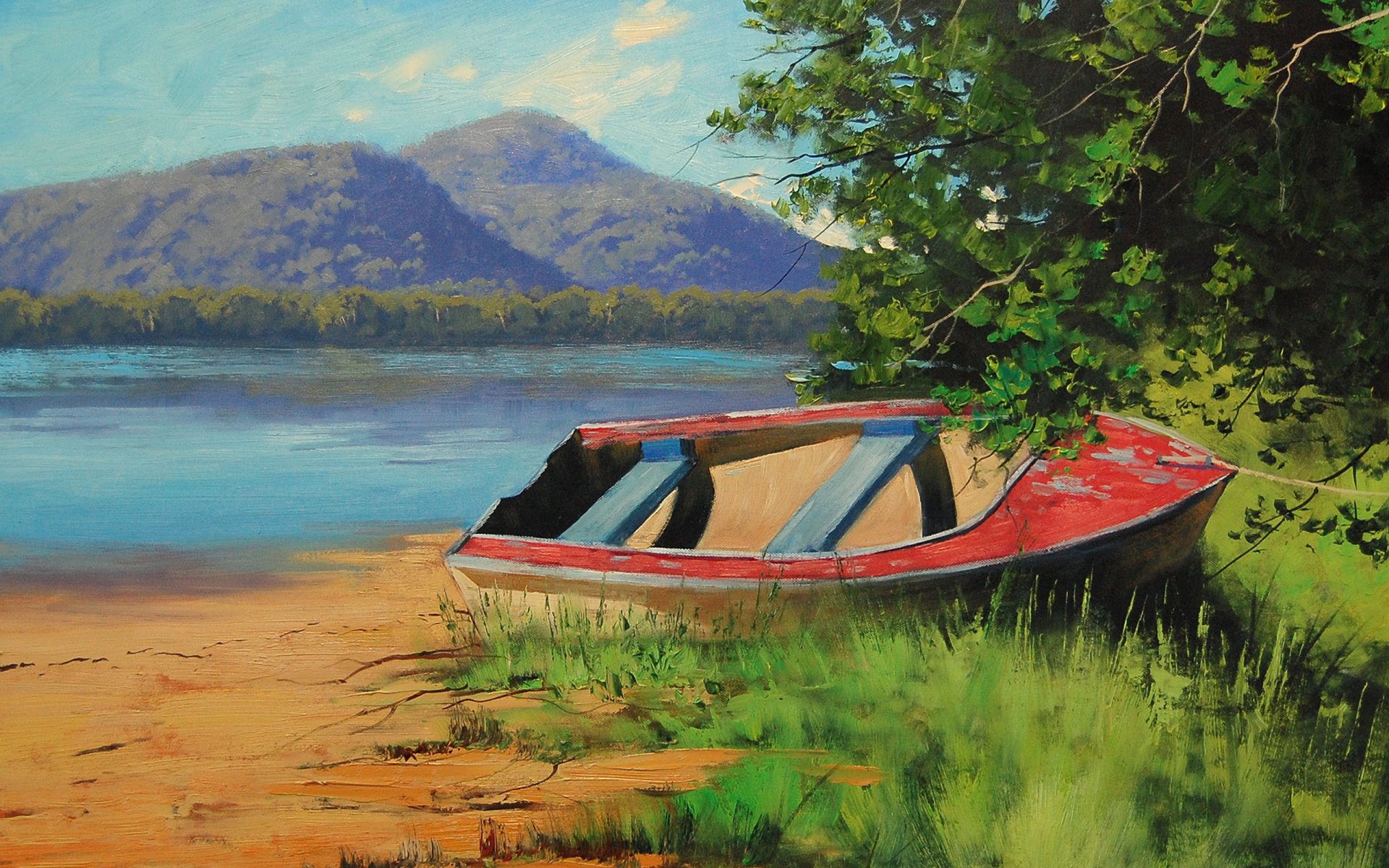 A vibrant artistic landscape featuring a red boat on a sandy shore, surrounded by lush greenery and serene water, complemented by distant mountains under a bright blue sky.