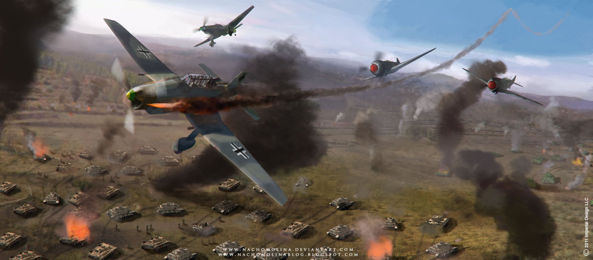 HD PC desktop wallpaper depicting a dynamic aerial battle with military aircraft flying over tanks and explosions on a battlefield.