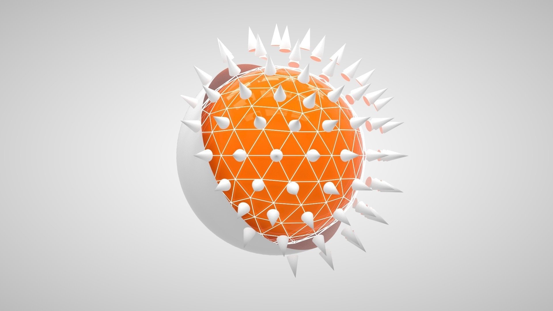 HD PC desktop wallpaper featuring an abstract 3D orange sphere with white triangular spikes on a light gray background.