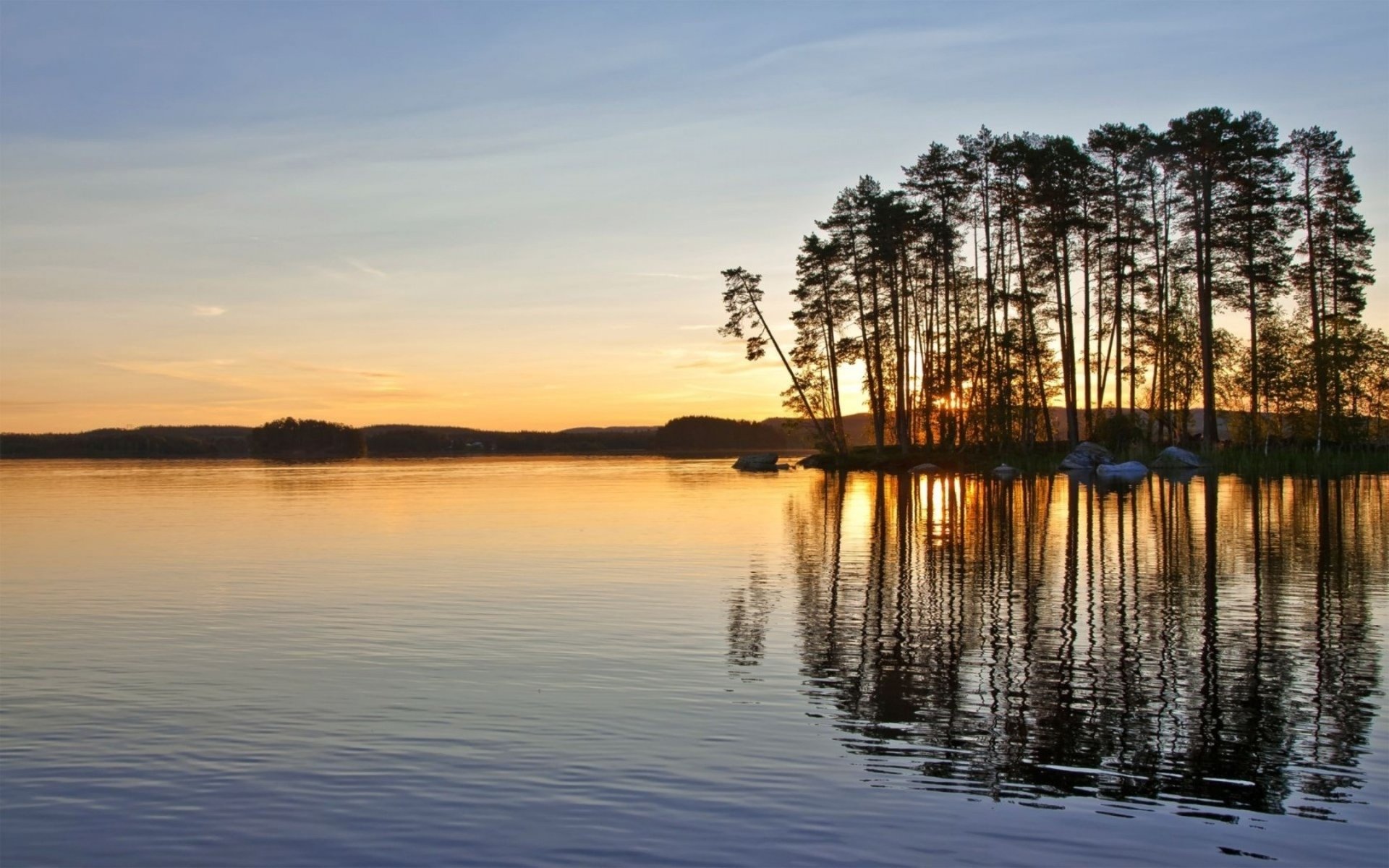 HD desktop wallpaper of a serene lakeside at sunset, featuring a cluster of trees reflected vividly in the calm water under a clear sky.