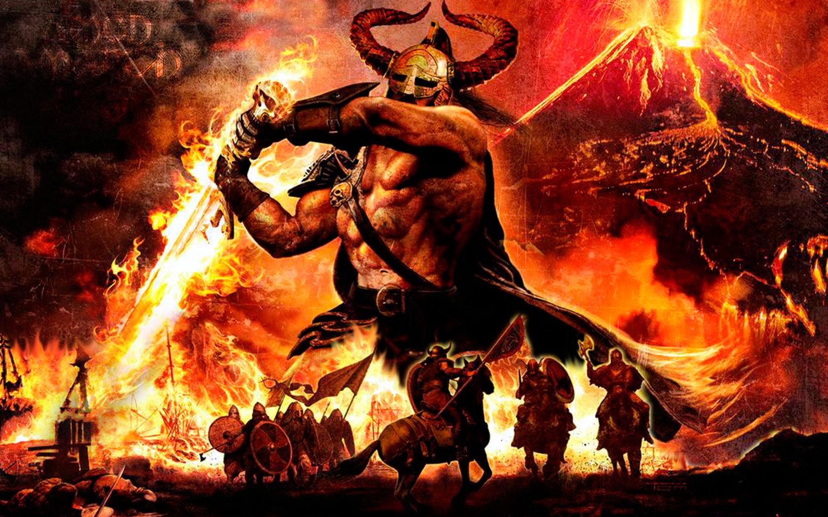 A dynamic Amon Amarth-themed HD desktop wallpaper featuring a powerful warrior amidst fiery landscapes, surrounded by warriors and a volcano, capturing the band's epic metal vibe.