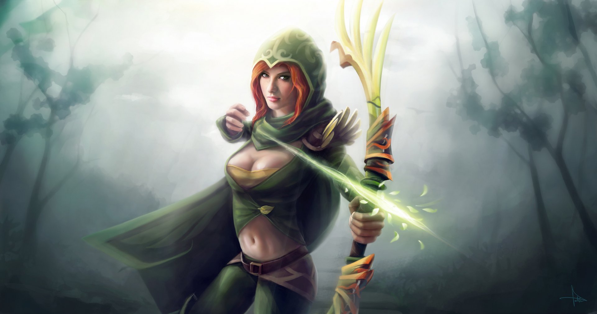 HD desktop wallpaper featuring a mystical female character from DotA 2, dressed in a cloak and hood, wielding a glowing bow with a focused expression.