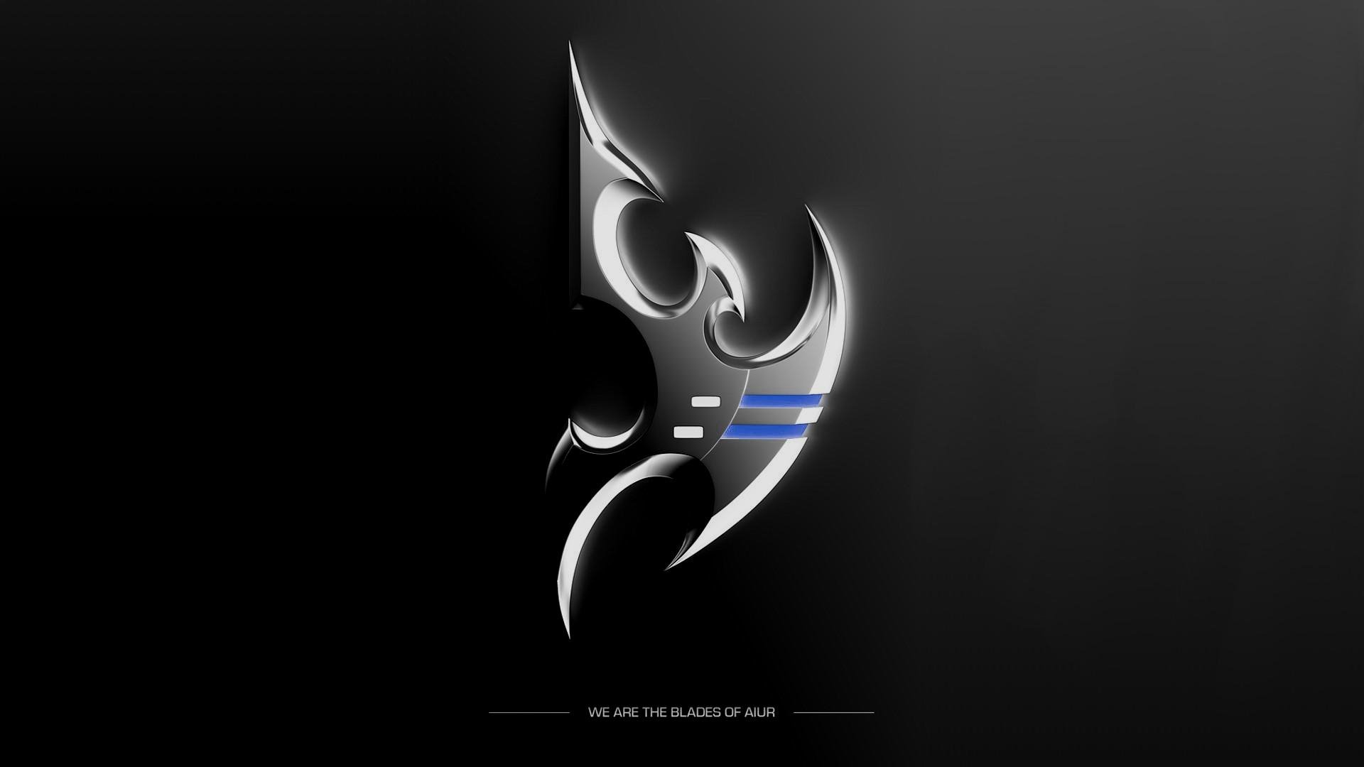 HD PC desktop wallpaper featuring the sleek, stylized emblem of Starcraft’s Blades of Auir against a dark, minimalist background.