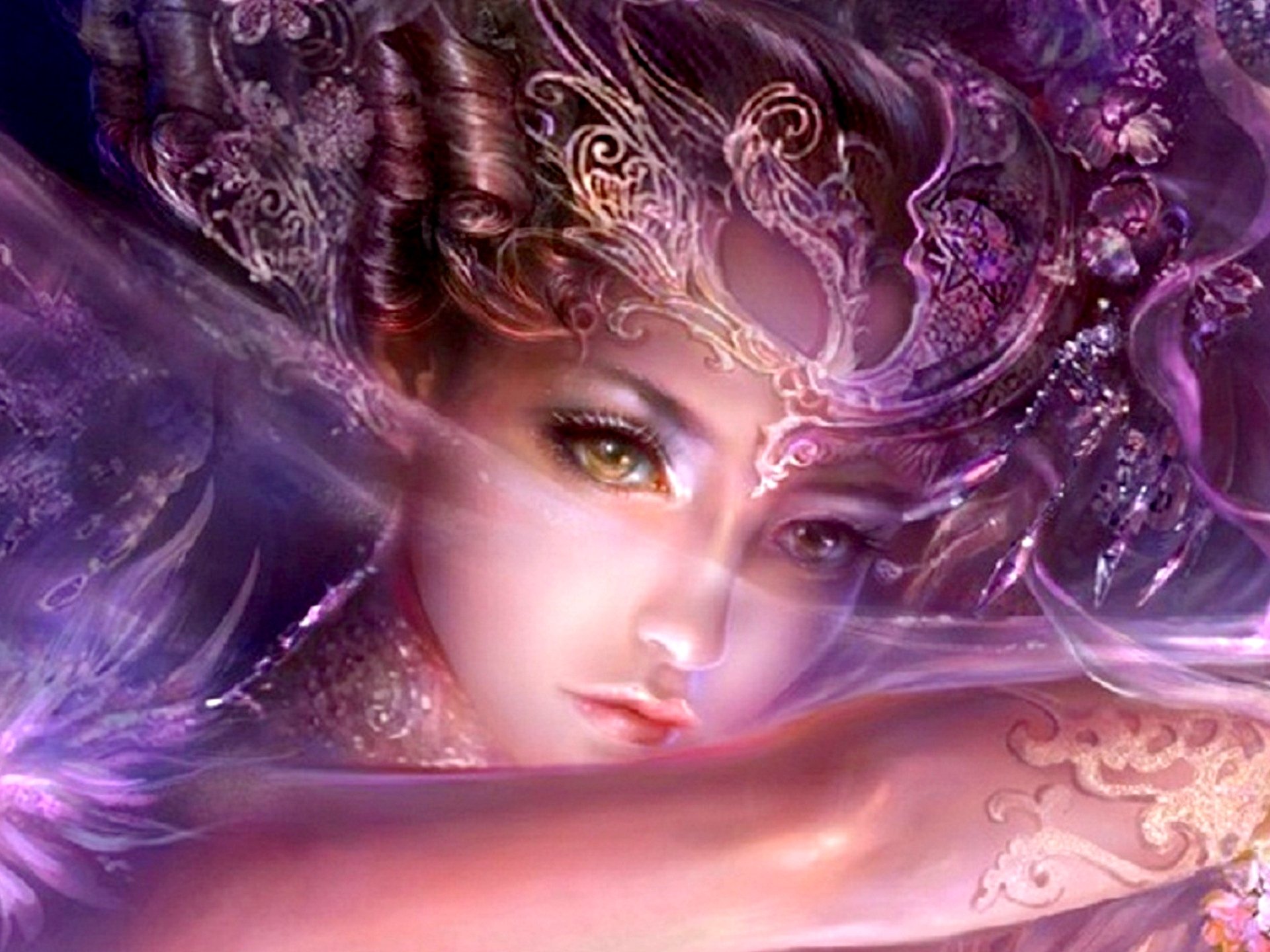 A captivating fantasy image featuring a woman with intricate details and vibrant colors, suitable as an HD PC desktop wallpaper or background.