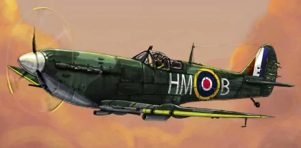 Illustrated green Supermarine Spitfire military fighter in flight against a warm sky — 2K Quad HD PC desktop wallpaper and background.
