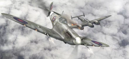 A Supermarine Spitfire and a Messerschmitt Bf 110 engage in flight above clouds, depicted in a detailed 4K Ultra HD military aircraft wallpaper.