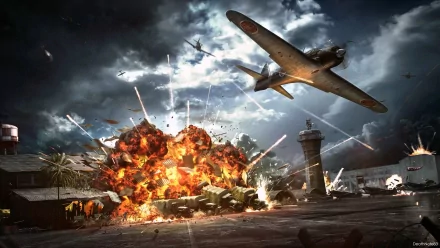 A dramatic military scene depicting a battle with an explosion on the ground and an airplane soaring overhead, showcased as a HD desktop wallpaper and background.