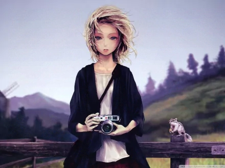 HD wallpaper featuring an anime girl holding a camera, set against a scenic background with mountains and trees.