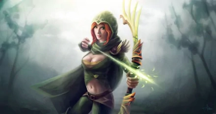 HD desktop wallpaper featuring a mystical female character from DotA 2, dressed in a cloak and hood, wielding a glowing bow with a focused expression.