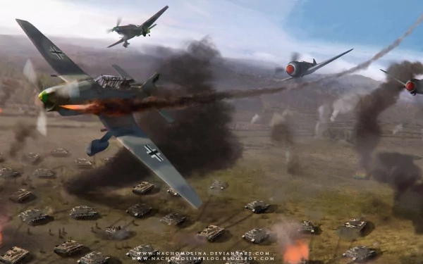 HD PC desktop wallpaper depicting a dynamic aerial battle with military aircraft flying over tanks and explosions on a battlefield.