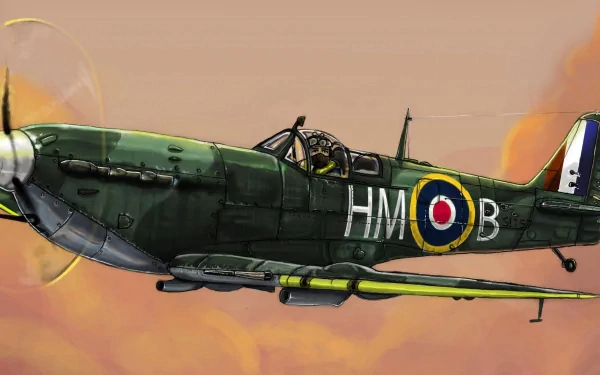 Illustrated green Supermarine Spitfire military fighter in flight against a warm sky — 2K Quad HD PC desktop wallpaper and background.