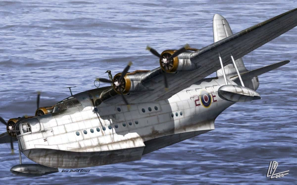 4K Ultra HD PC desktop wallpaper: military Short Sunderland flying boat over the sea, silver hull and four radial engines.