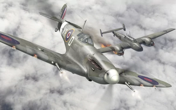 A Supermarine Spitfire and a Messerschmitt Bf 110 engage in flight above clouds, depicted in a detailed 4K Ultra HD military aircraft wallpaper.