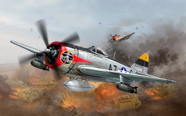 HD desktop wallpaper depicting a Republic P-47 Thunderbolt fighter plane flying over a smoky battlefield with another aircraft in the background.