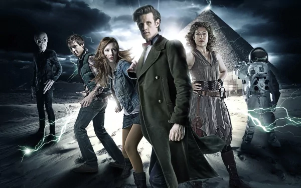 A striking HD wallpaper featuring Matt Smith as the Doctor in Doctor Who (2005), surrounded by companions against a dramatic sci-fi background with lightning and a pyramid.
