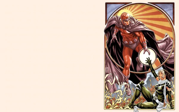 HD PC desktop wallpaper: X-Men: Legacy comic art of Magneto looming under a sunburst with cape, Rogue in the foreground — dynamic Marvel Comics scene.