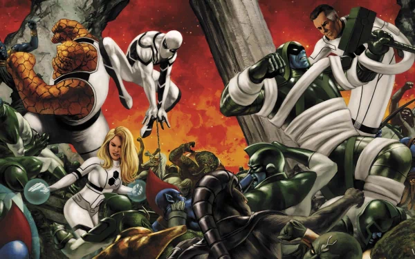 HD PC desktop wallpaper featuring Marvel's Future Foundation team: Mister Fantastic, Invisible Woman, Spider-Man, and Thing in dynamic comic action.