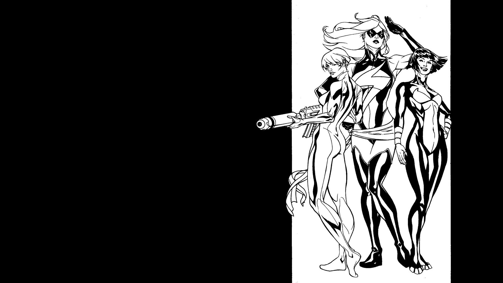 Black-and-white comic HD desktop wallpaper of Carol Danvers, Janet van Dyne (Wasp), Black Widow and Ms. Marvel posed together as an Avengers lineup.