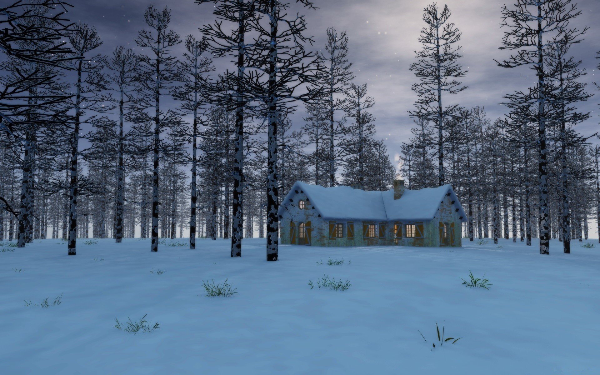 HD PC desktop wallpaper showing a man-made cabin surrounded by tall, sparse trees in a snowy, serene forest under a cloudy sky.