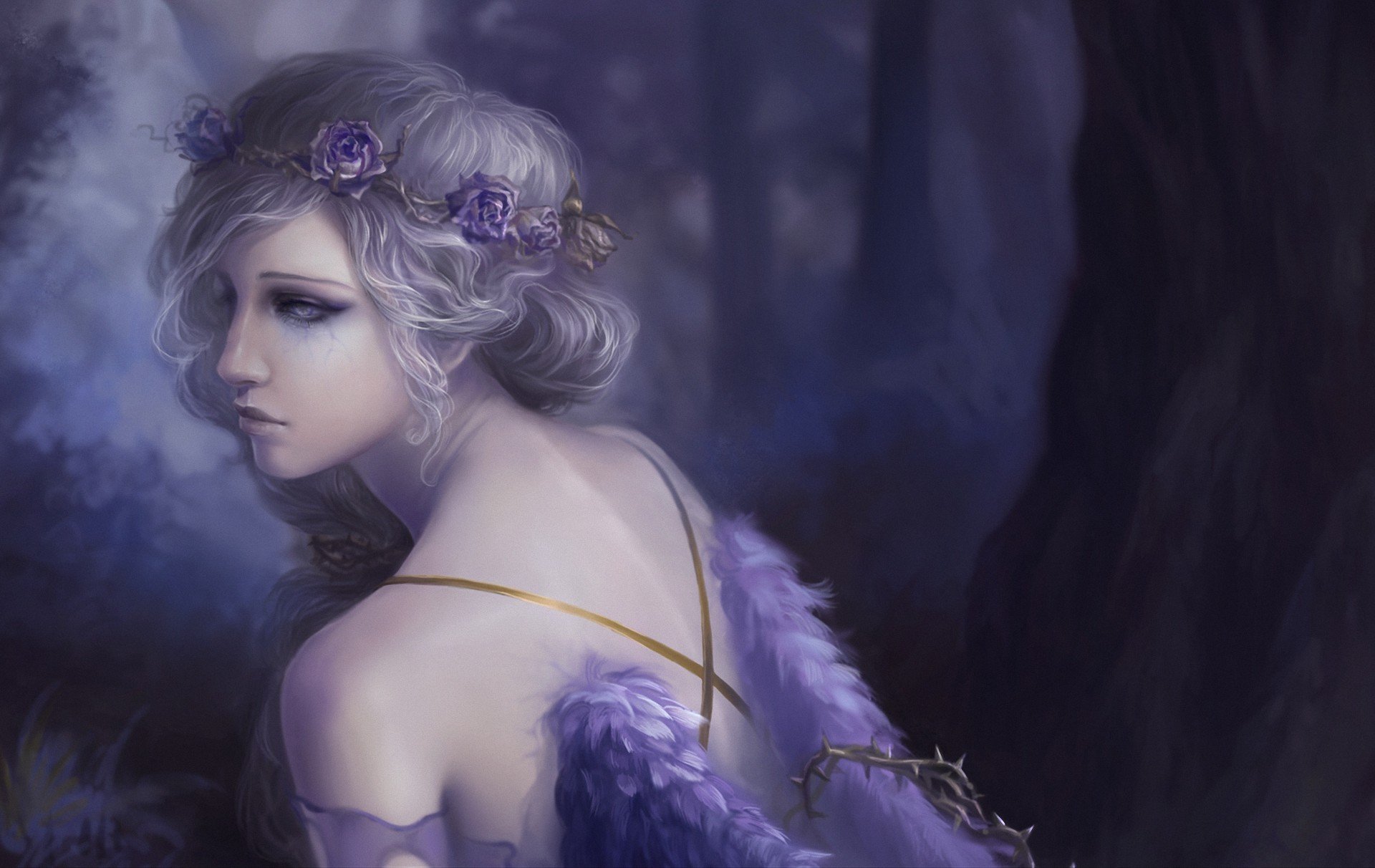 A fantasy-themed HD wallpaper featuring a sad angel with lavender flowers in her hair, set against a dark, ethereal forest backdrop.