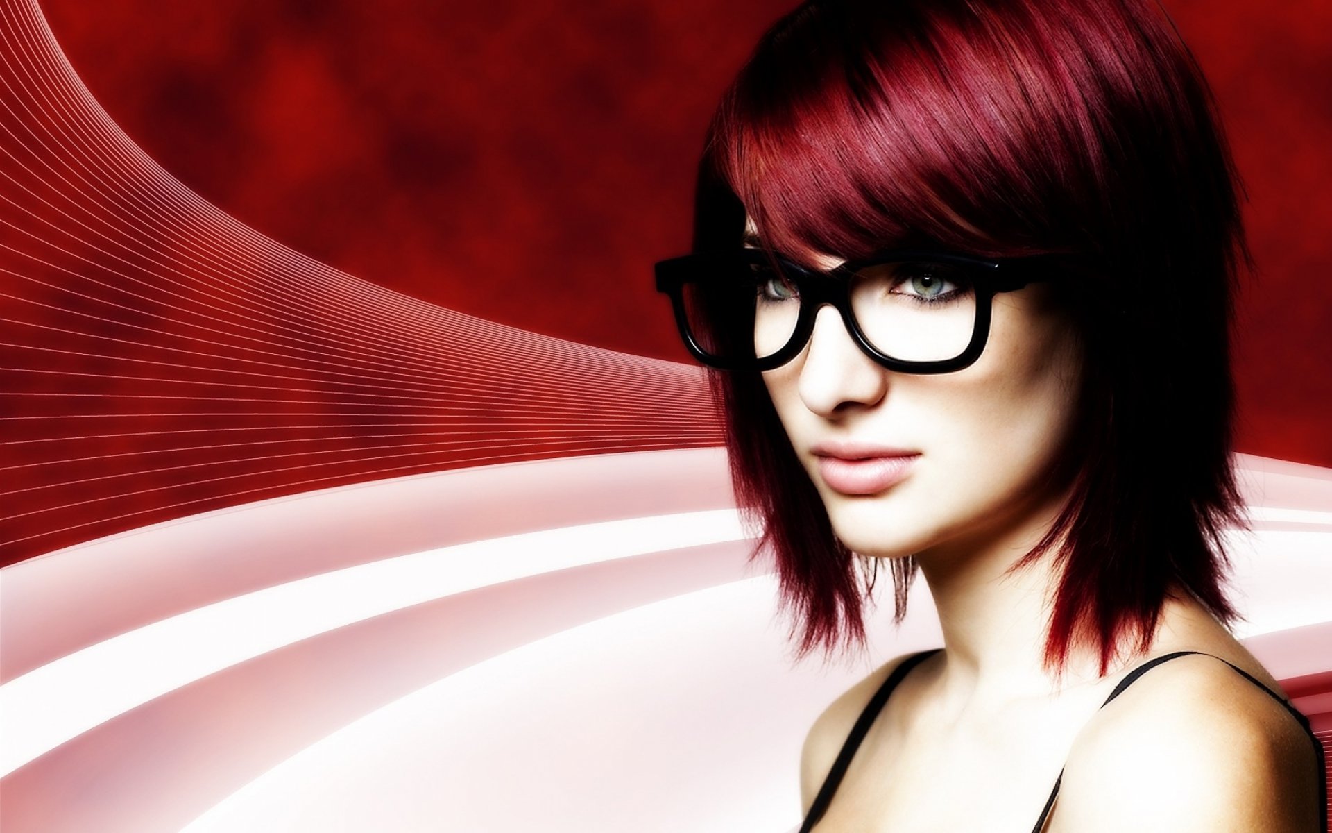 HD PC desktop wallpaper featuring celebrity Susan Coffey with red hair, black glasses, and a modern abstract red and white background.