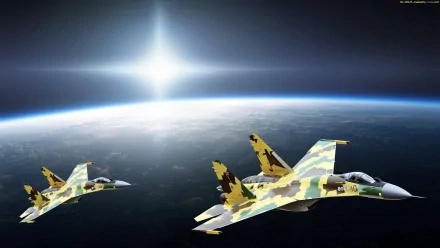 Two camouflaged Sukhoi Su-35 jet fighters fly above Earth with the sun shining brightly, shown in a high-definition military-themed desktop wallpaper.