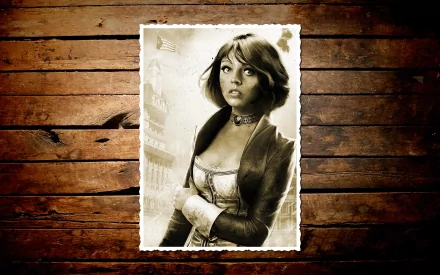 HD PC desktop wallpaper featuring a sepia-toned portrait of Elizabeth from the video game Bioshock Infinite against a wooden background.