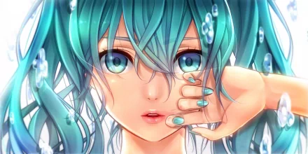 HD desktop wallpaper featuring Hatsune Miku from Vocaloid with striking blue hair and blue eyes. The close-up anime artwork showcases detailed facial expressions and vibrant colors.