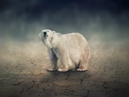 A striking HD desktop wallpaper featuring a polar bear on a cracked, barren landscape, evoking themes of nature and wildlife.