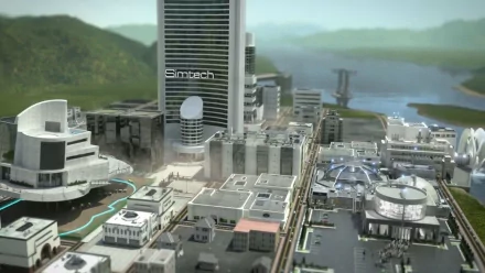 HD desktop wallpaper featuring a SimCity game with detailed urban landscape and Simtech tower.