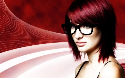 HD PC desktop wallpaper featuring celebrity Susan Coffey with red hair, black glasses, and a modern abstract red and white background.