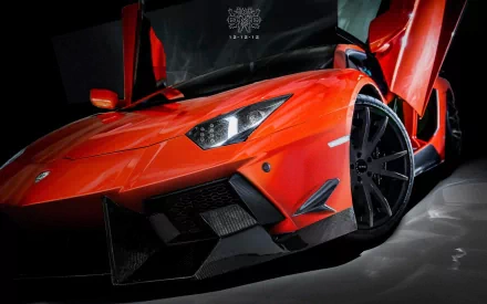 HD wallpaper of a Lamborghini Aventador with its doors open, showcasing its sleek design and striking red color against a dark background.