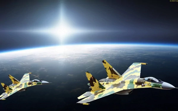 Two camouflaged Sukhoi Su-35 jet fighters fly above Earth with the sun shining brightly, shown in a high-definition military-themed desktop wallpaper.