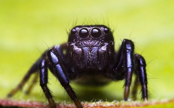 4K Ultra HD PC desktop wallpaper: close-up of a black jumping spider (animal) on a leaf against a blurred green background.