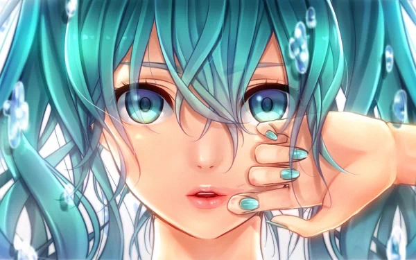 HD desktop wallpaper featuring Hatsune Miku from Vocaloid with striking blue hair and blue eyes. The close-up anime artwork showcases detailed facial expressions and vibrant colors.