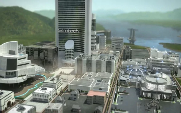 HD desktop wallpaper featuring a SimCity game with detailed urban landscape and Simtech tower.