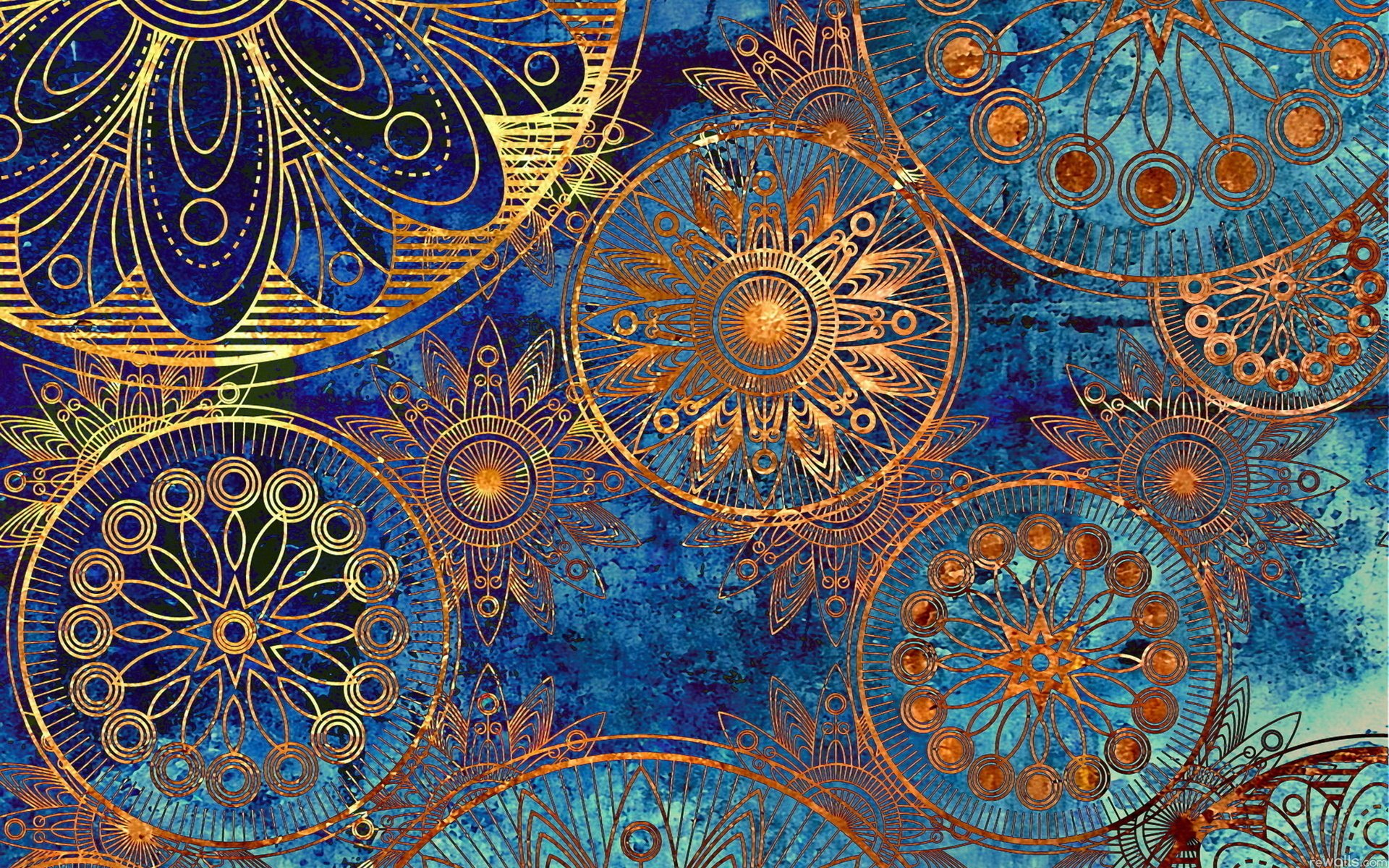 Vibrant psychedelic abstract featuring intricate fractal patterns in gold and blue, creating a mesmerizing visual impact for HD desktop wallpaper.